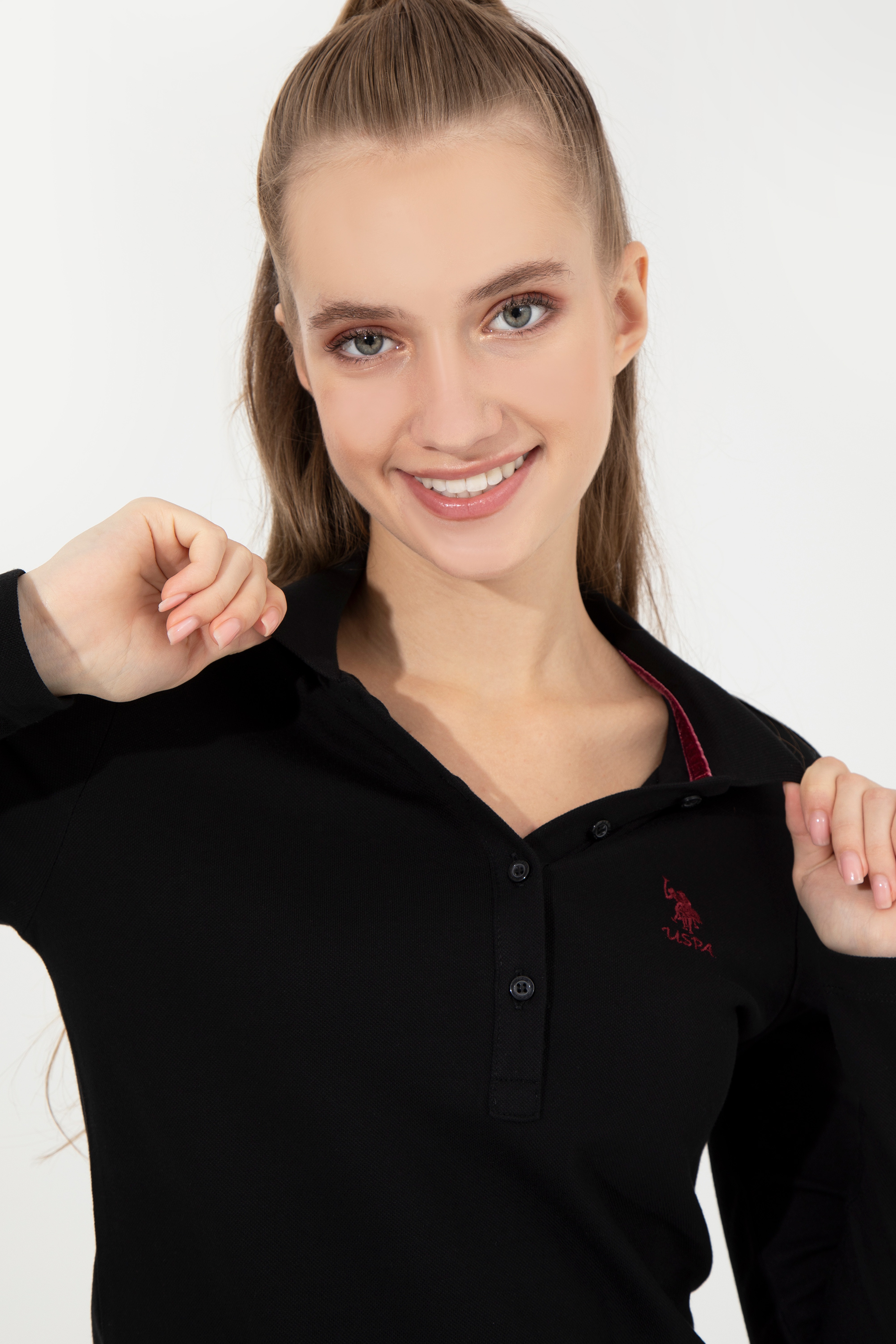 Kadın Siyah Polo Yaka Basic Sweatshirt - Image 2