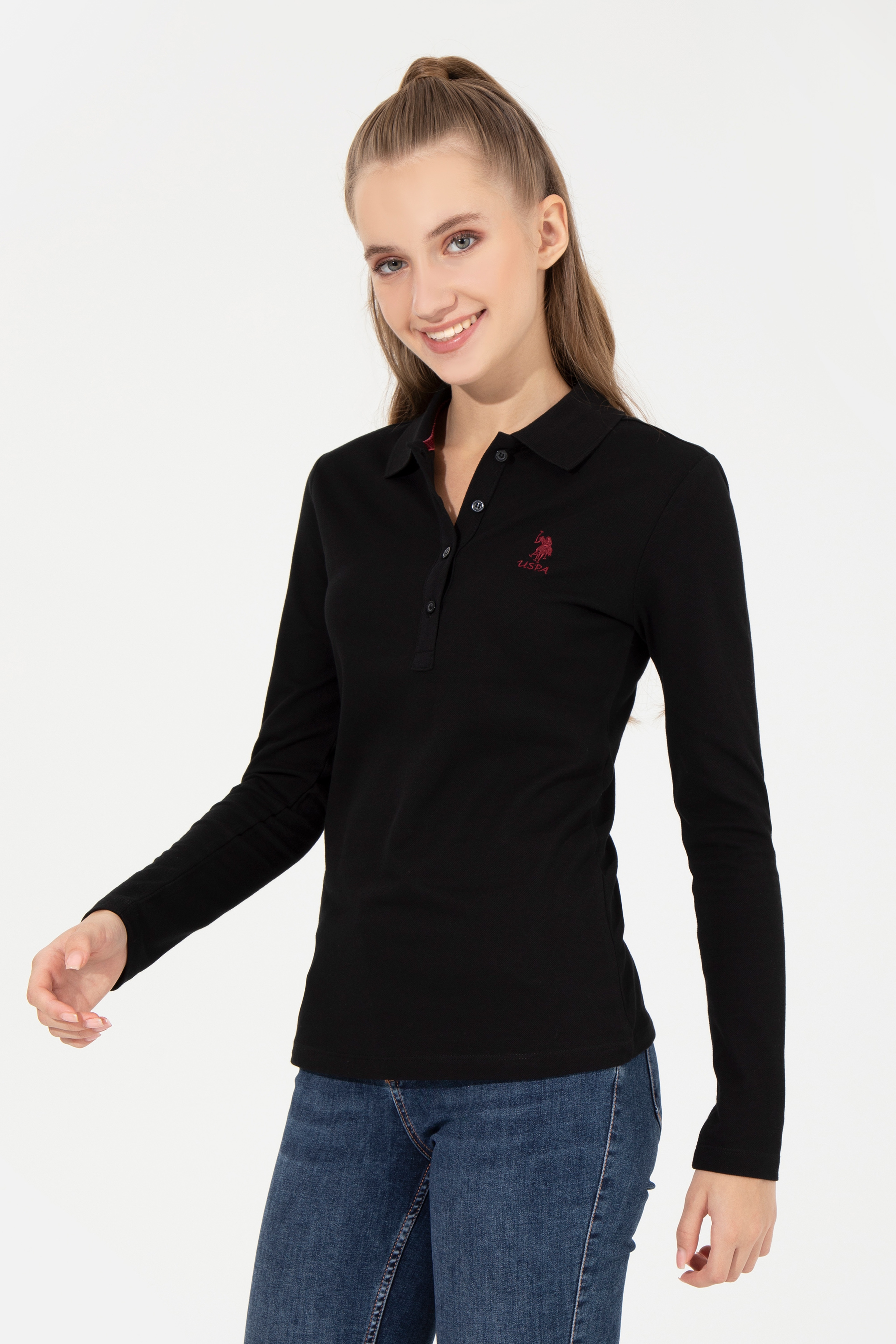 Kadın Siyah Polo Yaka Basic Sweatshirt - Image 3