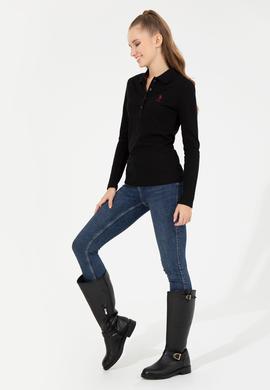 Kadın Siyah Polo Yaka Basic Sweatshirt - 50256259048