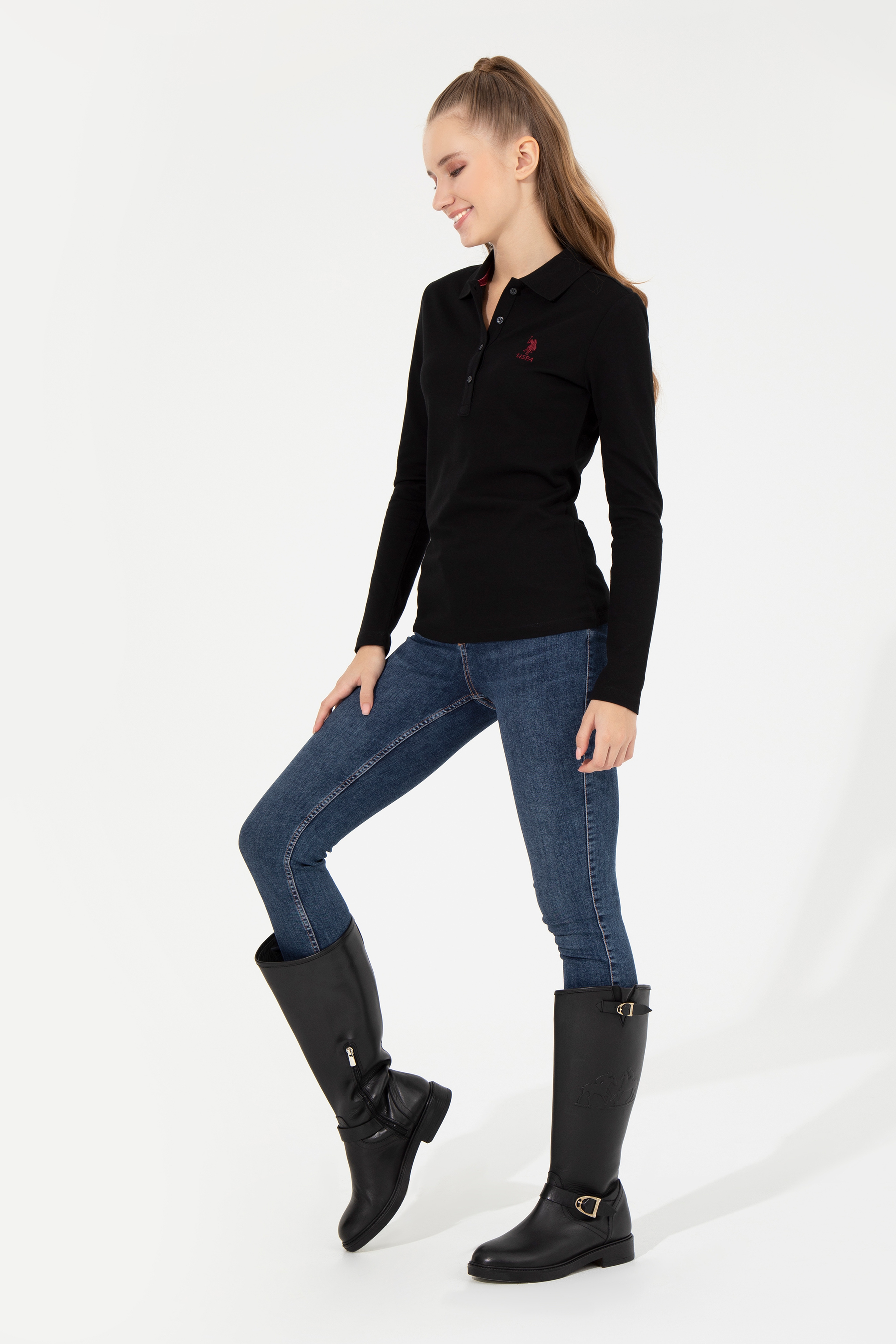 Kadın Siyah Polo Yaka Basic Sweatshirt
