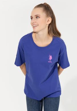 Kadın Mavi Bisiklet Yaka Tişört - 50246219029