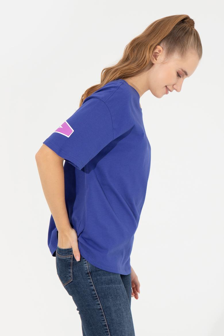 Kadın Mavi Bisiklet Yaka Tişört - 50246219029