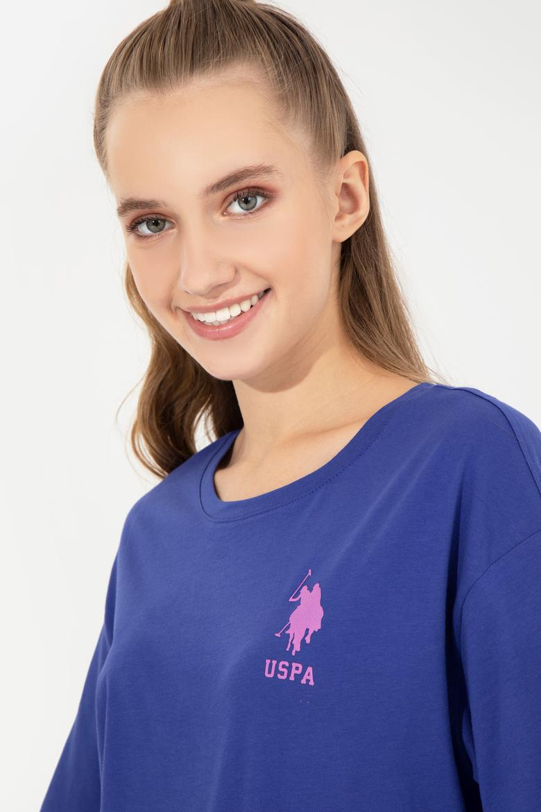 Kadın Mavi Bisiklet Yaka Tişört - 50246219029