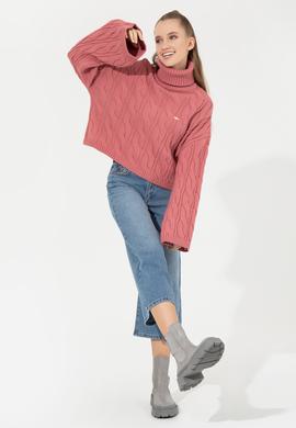 Kadın Pembe Balıkçı Yaka Kazak - 50254500029