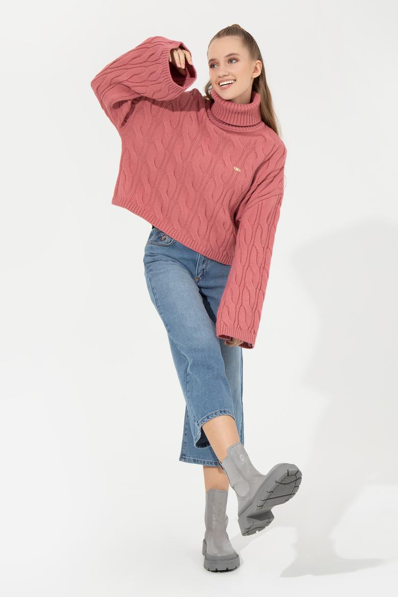 Kadın Pembe Balıkçı Yaka Kazak - 50254500029