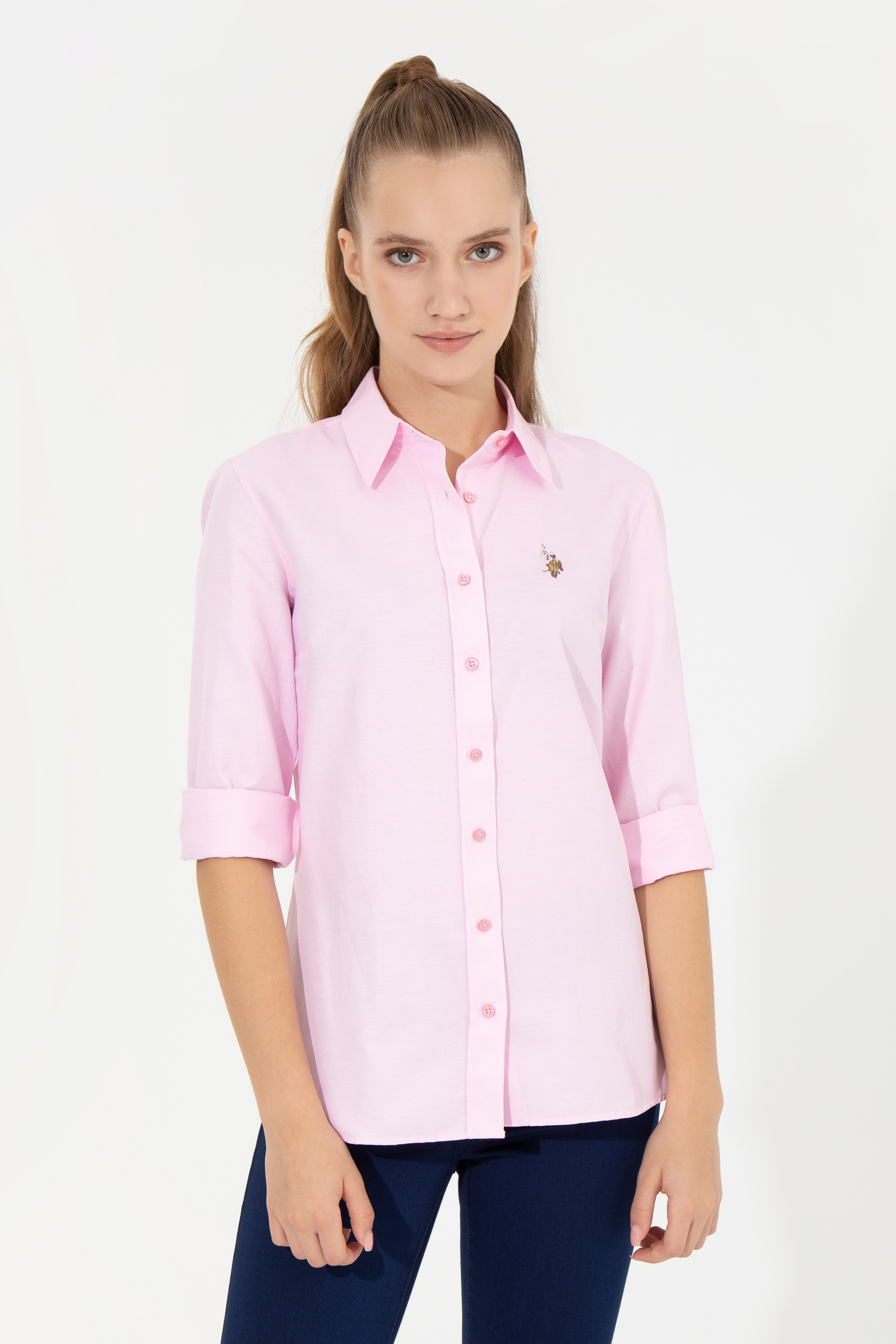 Kadın Açık Pembe Uzun Kollu Basic Gömlek - Image 3