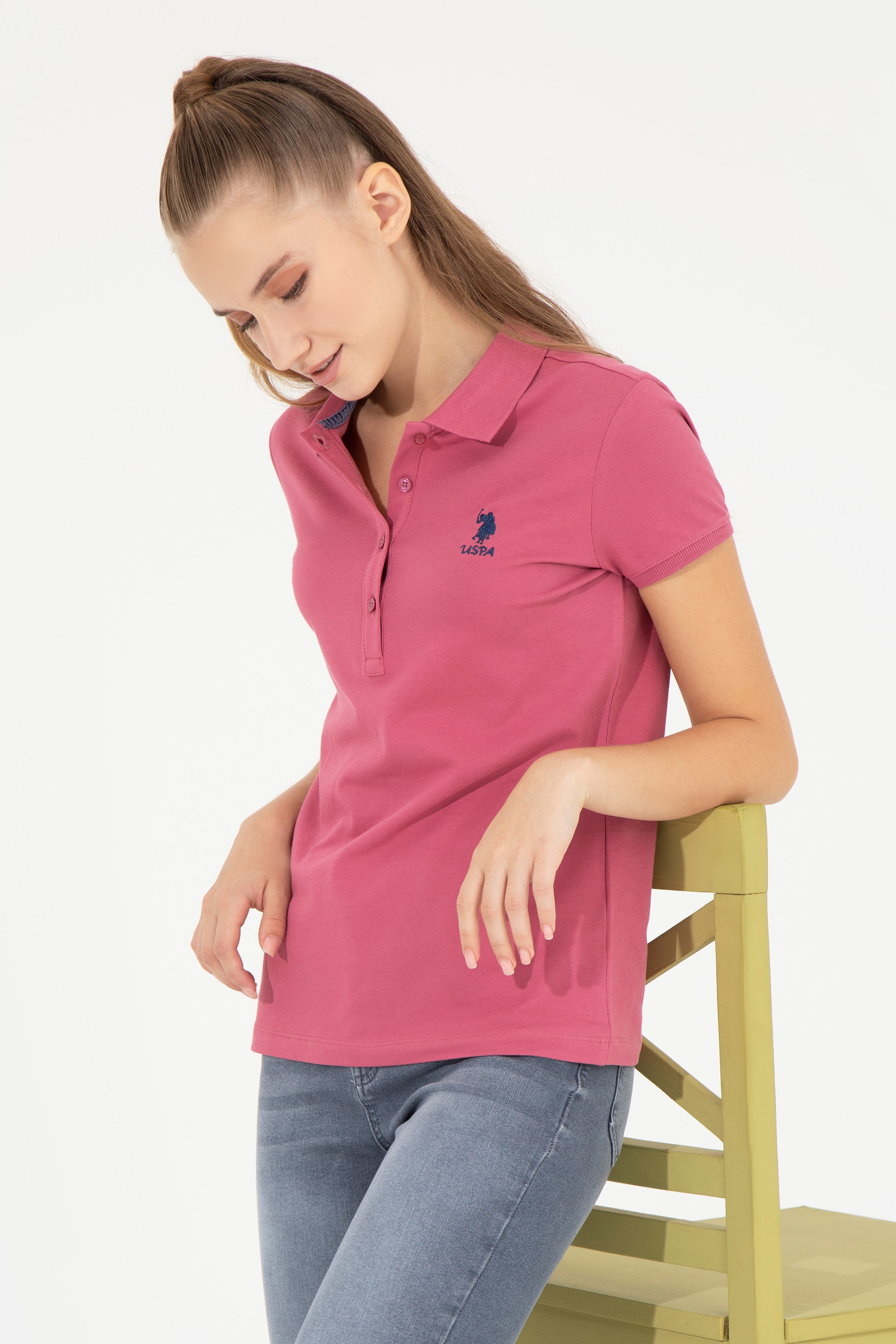 Kadın Pembe Basic Polo Yaka Tişört - Image 3