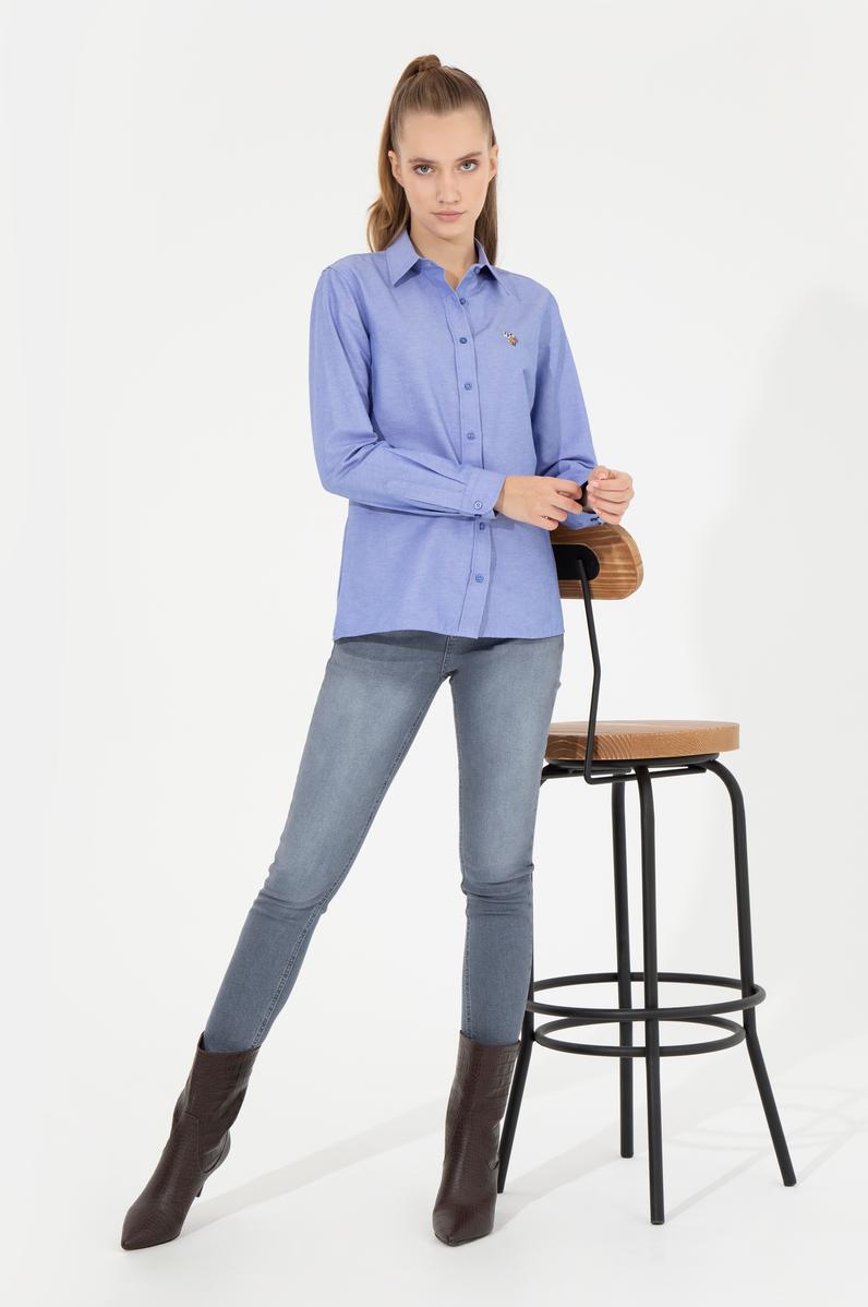 Kadın Saks Uzun Kollu Basic Gömlek