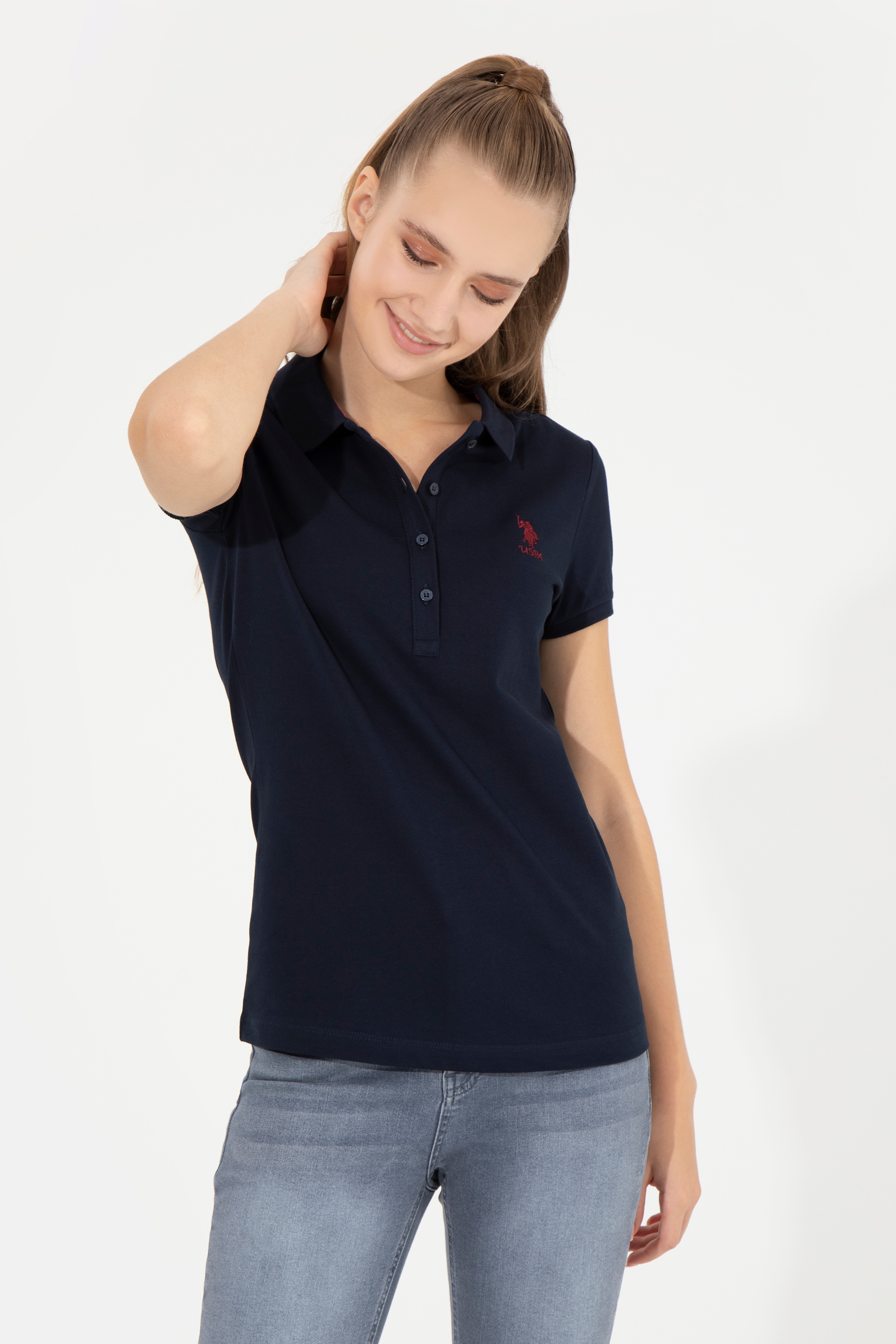 Kadın Lacivert Basic Polo Yaka Tişört - Image 3