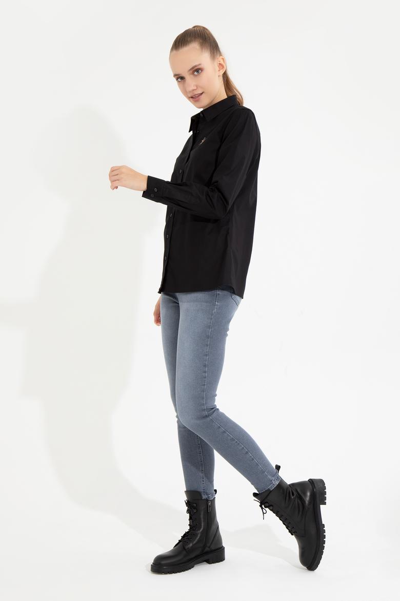 Kadın Siyah Uzun Kollu Basic Gömlek - 50254249054