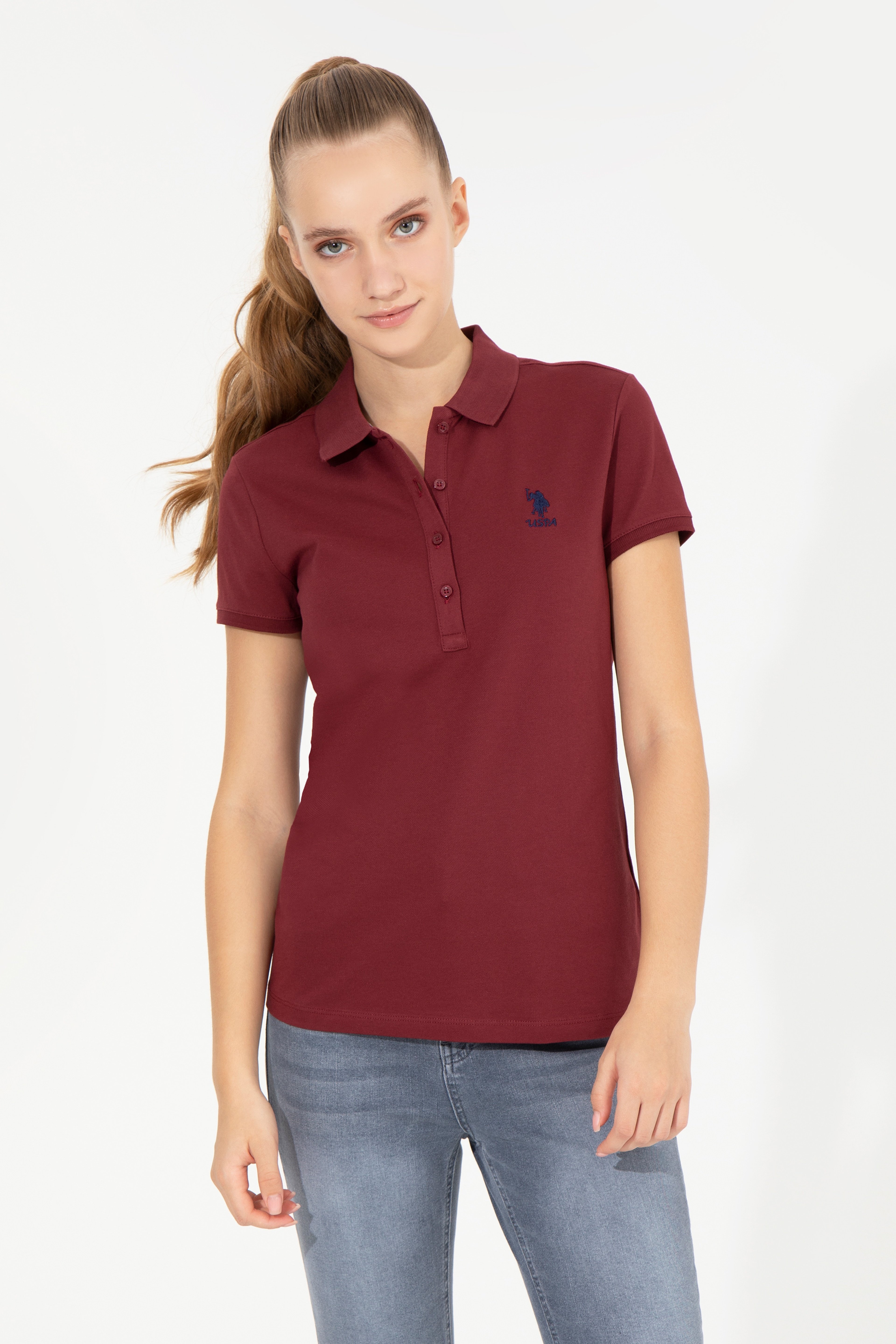 Kadın Vİşne Basic Polo Yaka Tişört - Image 1