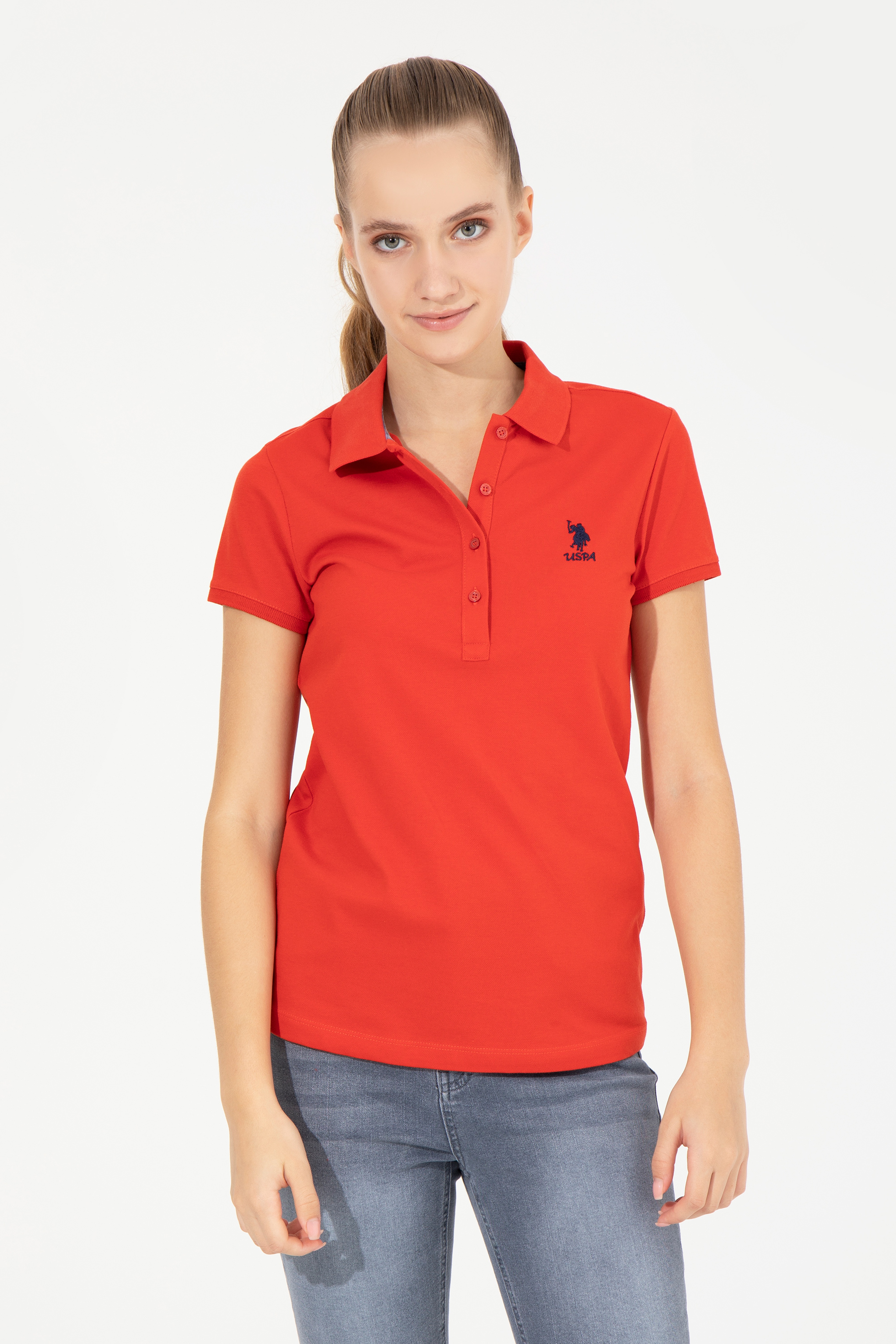 Kadın Kırmızı Basic Polo Yaka Tişört - Image 2