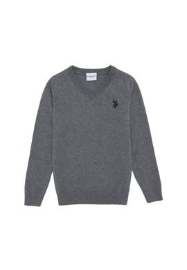 Erkek Çocuk Gri Melanj V Yaka Triko Kazak - 50257649040