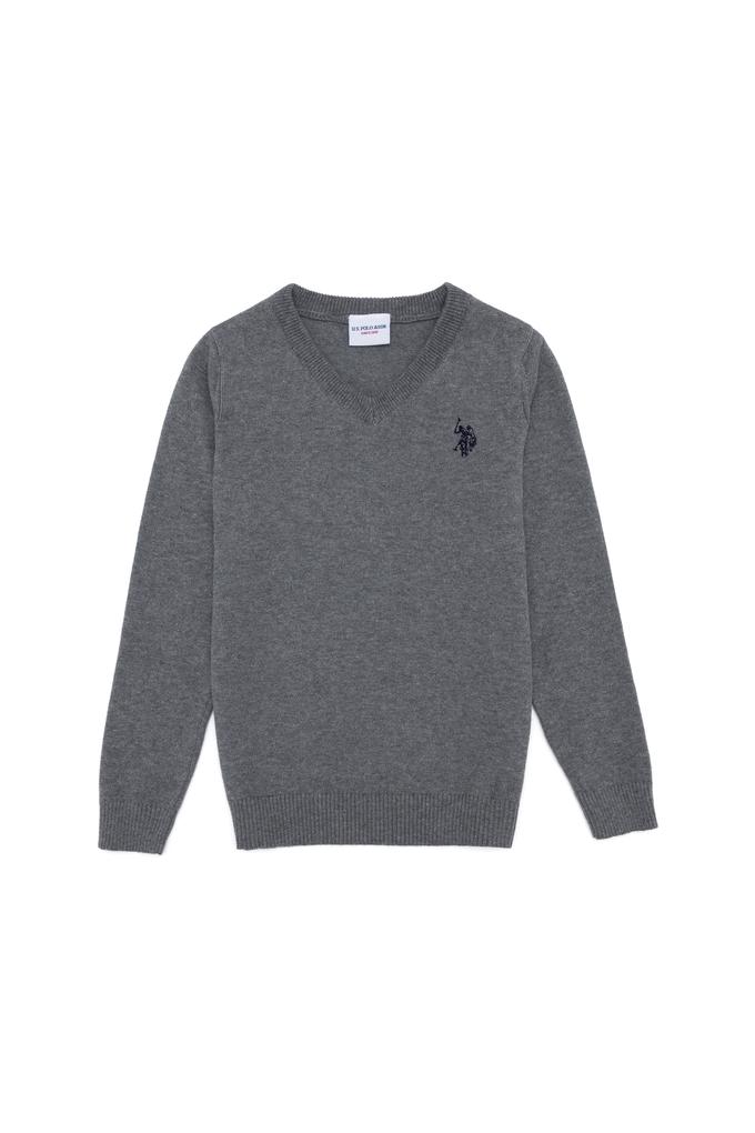 Erkek Çocuk Gri Melanj V Yaka Triko Kazak