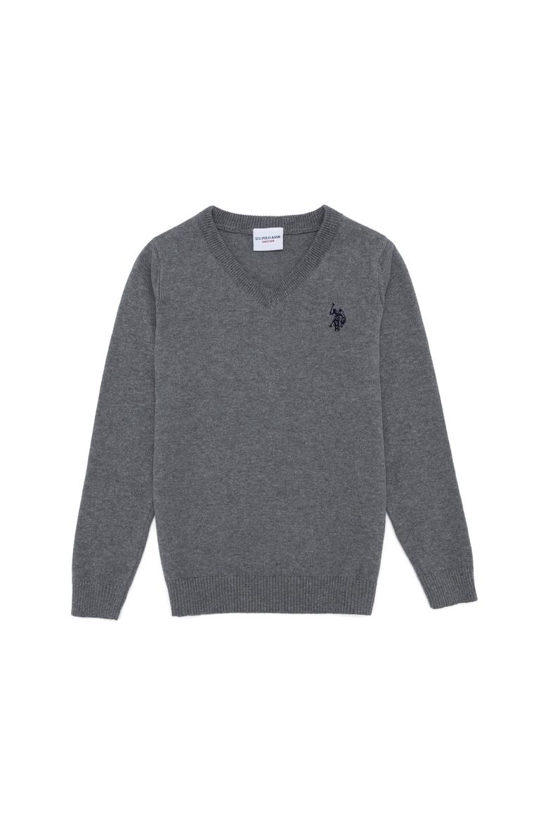 Erkek Çocuk Gri Melanj V Yaka Triko Kazak