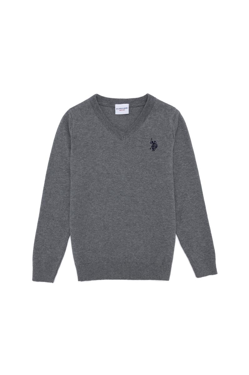 Erkek Çocuk Gri Melanj V Yaka Triko Kazak
