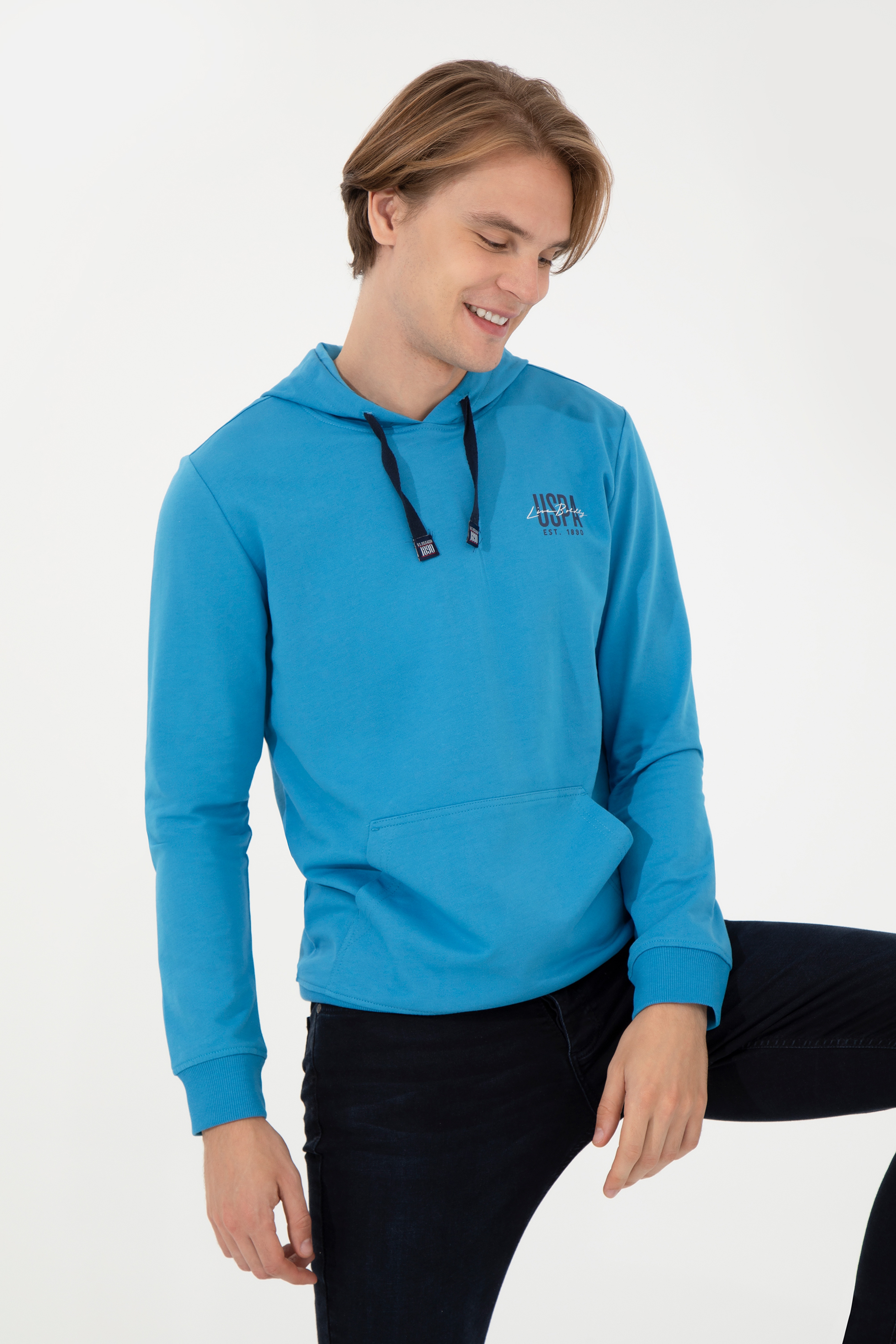 Erkek Kobalt Kapüşonlu Basic Sweatshirt - Image 2