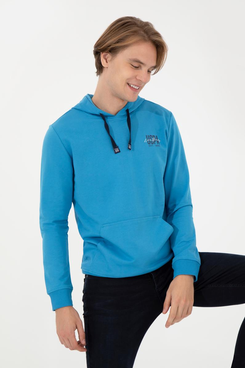 Erkek Kobalt Kapüşonlu Basic Sweatshirt
