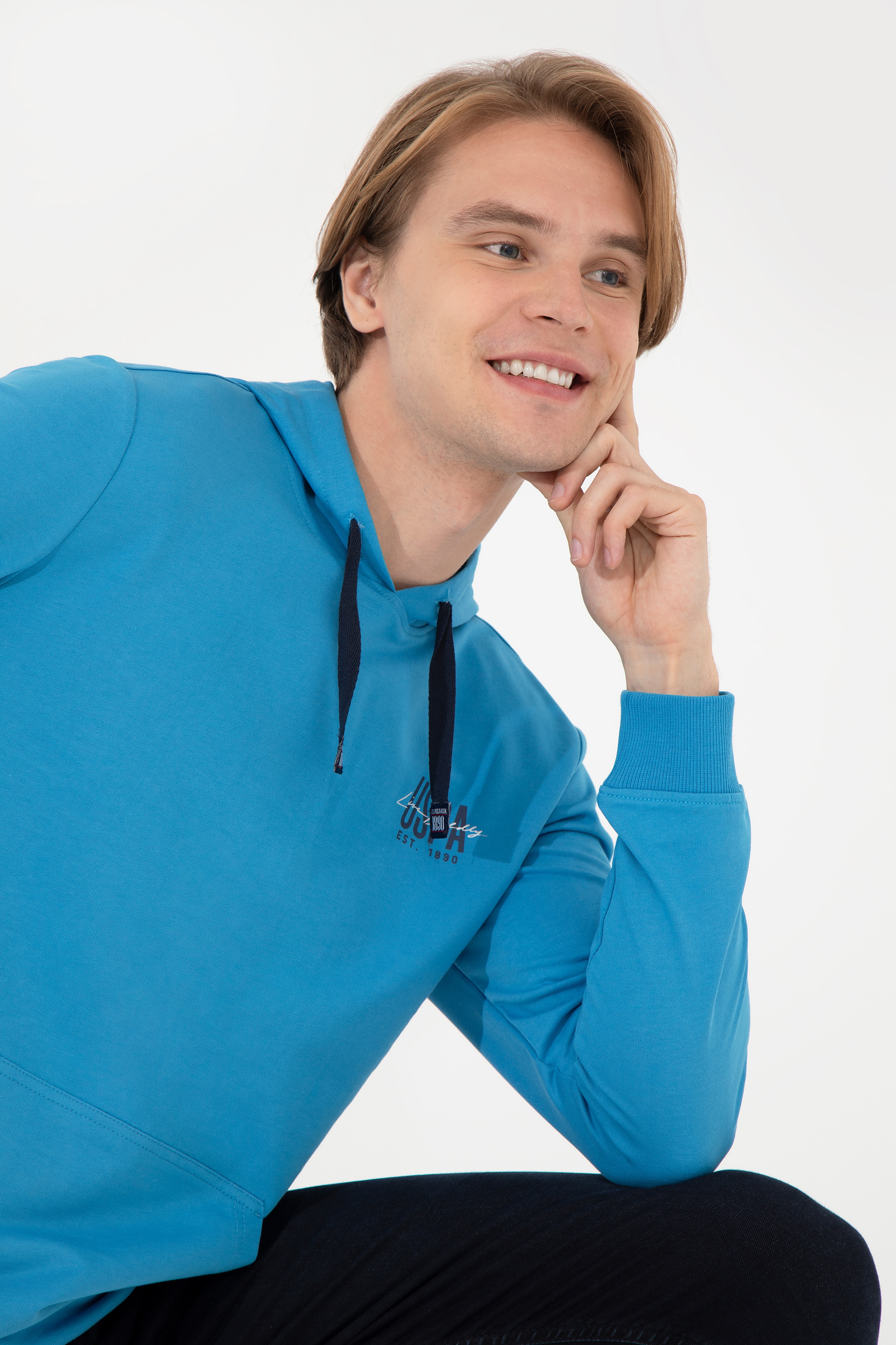 Erkek Kobalt Kapüşonlu Basic Sweatshirt - Image 3