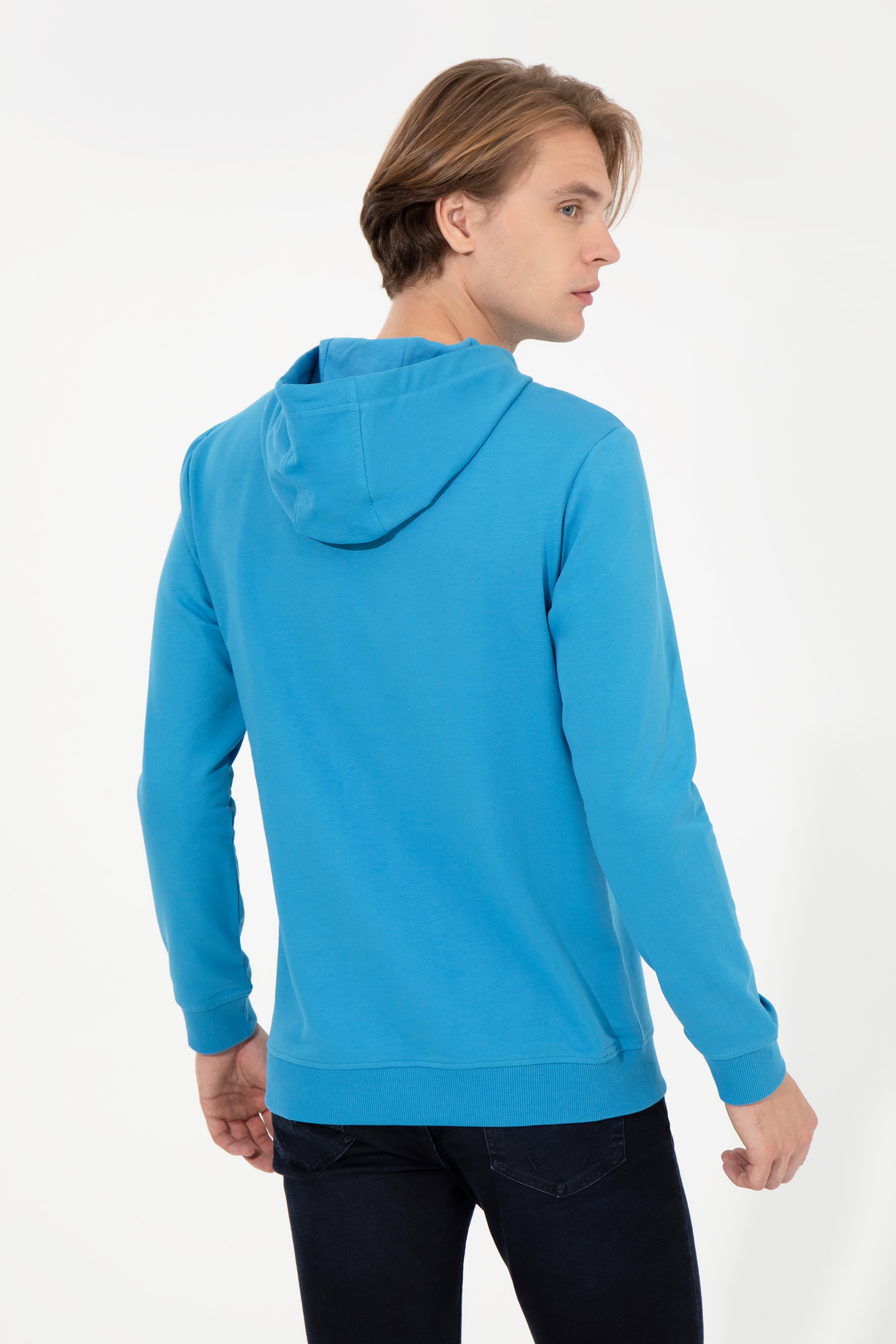 Erkek Kobalt Kapüşonlu Basic Sweatshirt - Image 5