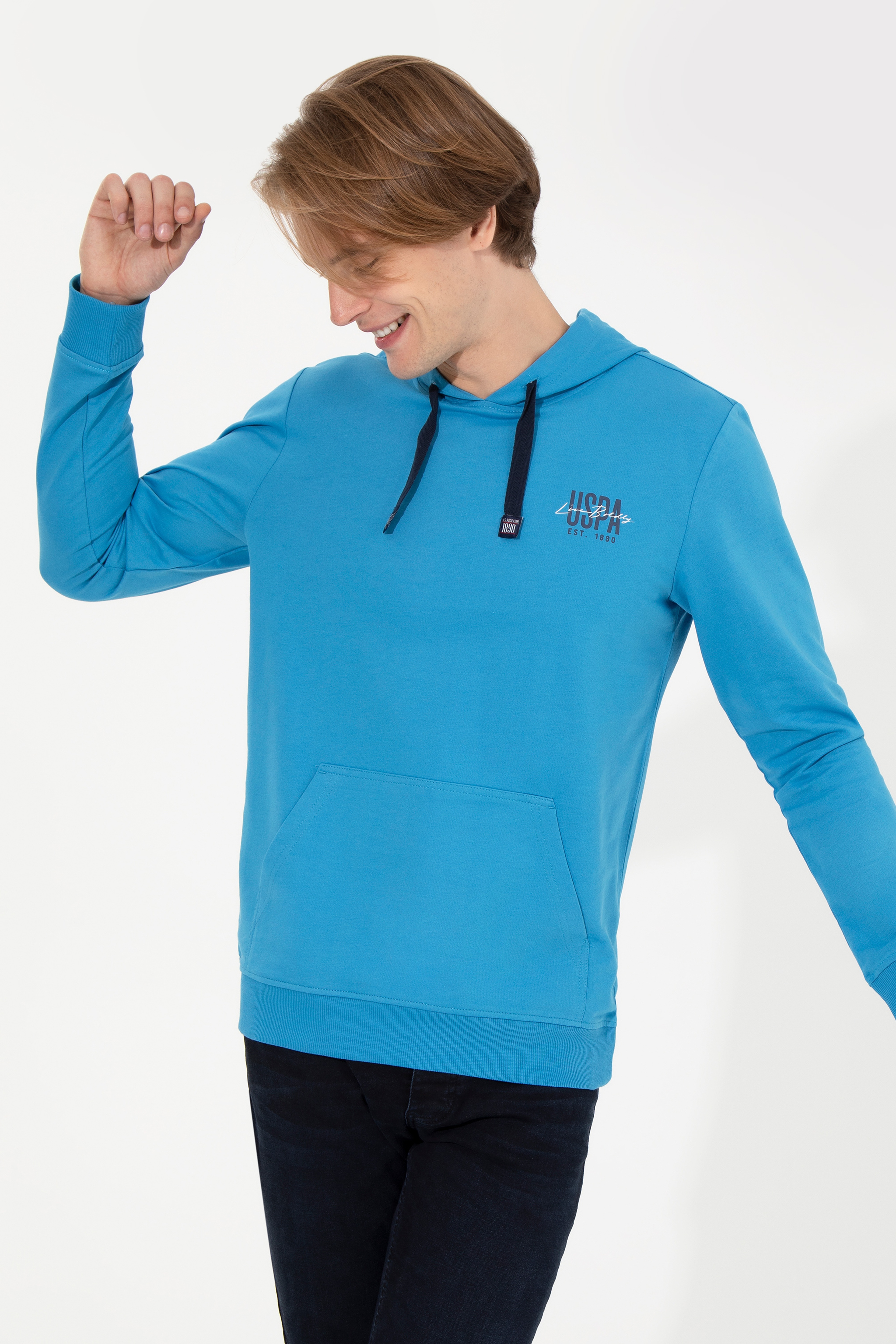 Erkek Kobalt Kapüşonlu Basic Sweatshirt - Image 4