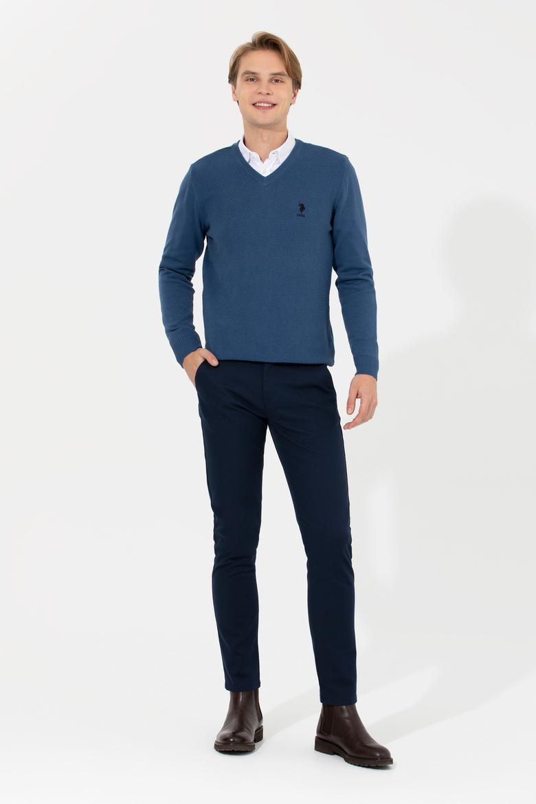 Erkek İndigo V - Yaka Basic Triko Kazak - 50206685061