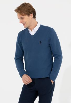 Erkek İndigo V - Yaka Basic Triko Kazak - 50206685061