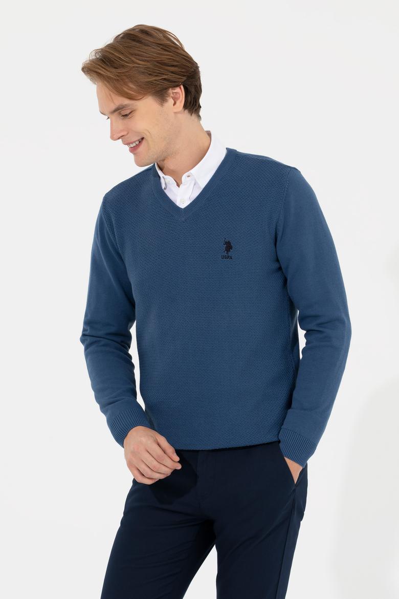Erkek İndigo V - Yaka Basic Triko Kazak - 50206685061