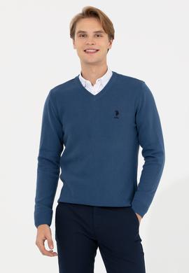 Erkek İndigo V - Yaka Basic Triko Kazak - 50206685061