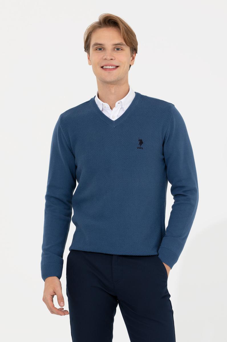 Erkek İndigo V - Yaka Basic Triko Kazak