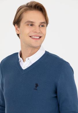 Erkek İndigo V - Yaka Basic Triko Kazak - 50206685061