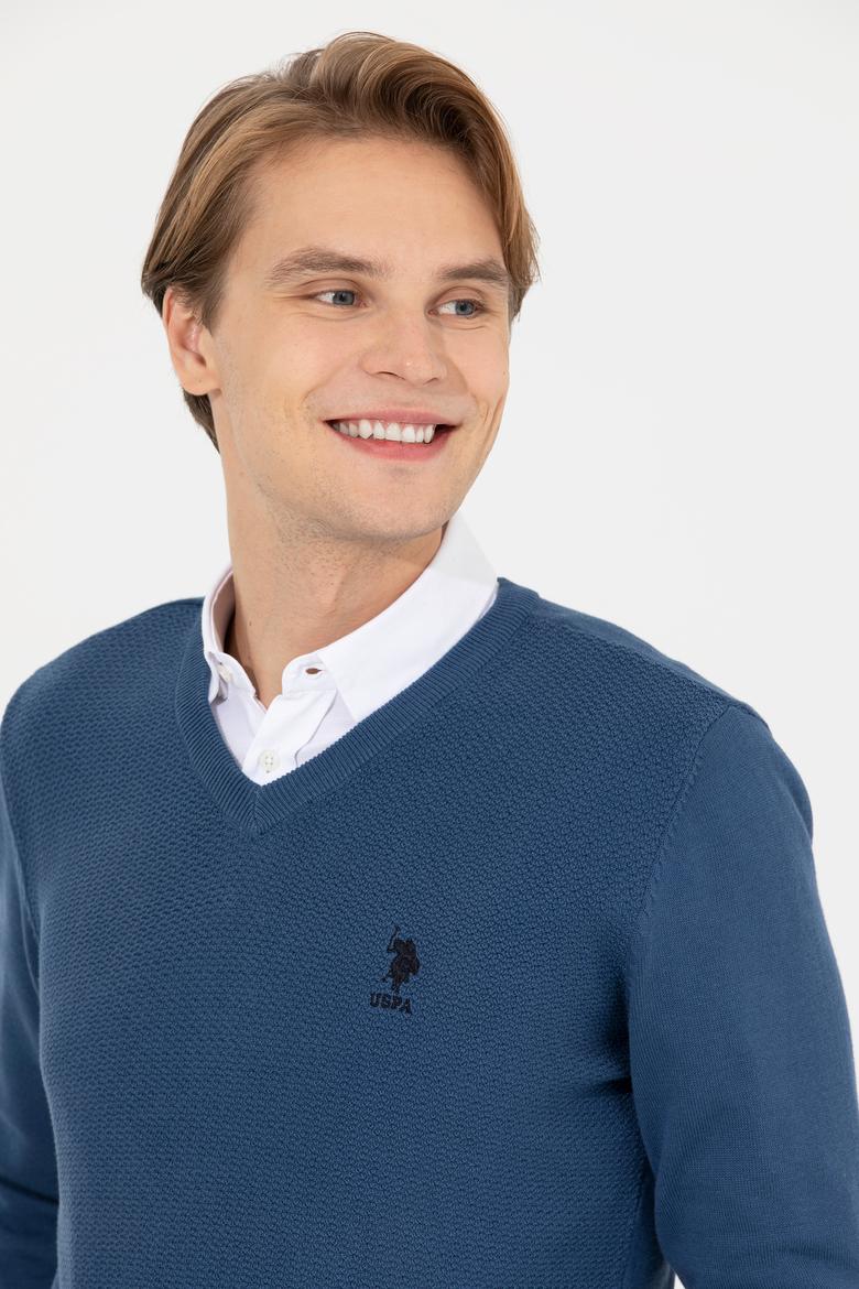 Erkek İndigo V - Yaka Basic Triko Kazak - 50206685061