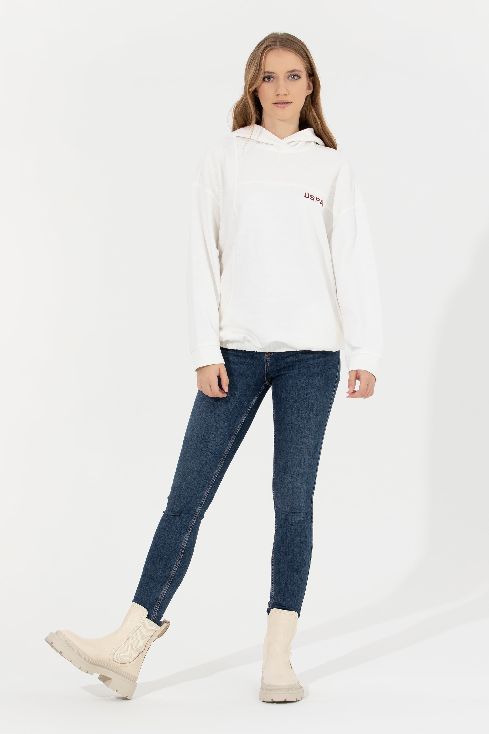Kadın Ekru Kapüşonlu Sweatshirt - Image 1
