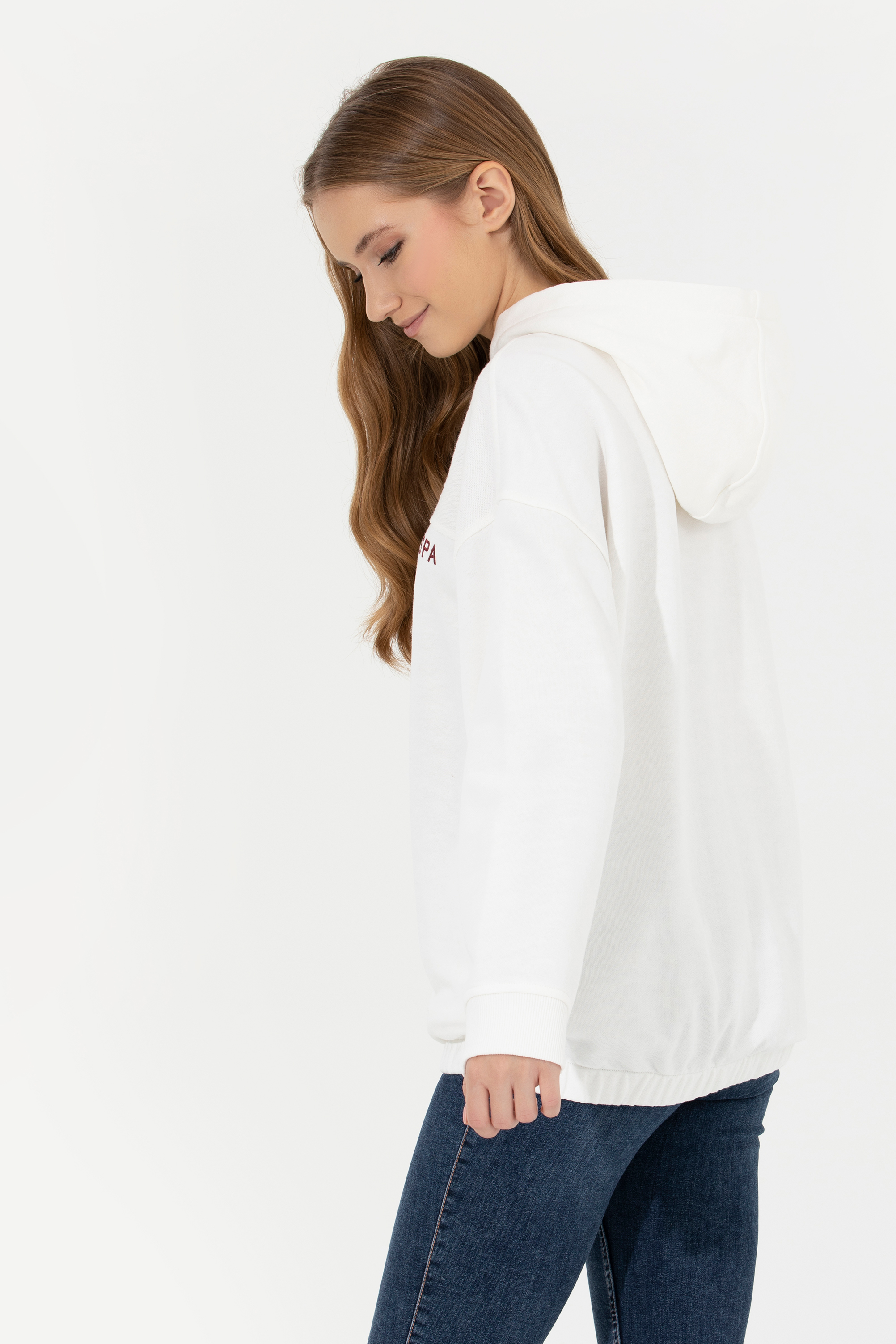 Kadın Ekru Kapüşonlu Sweatshirt - Image 5
