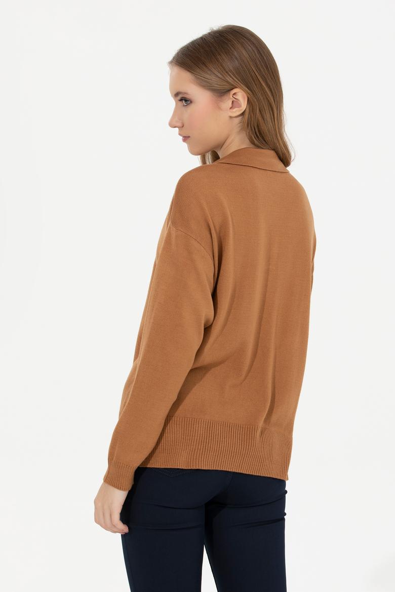 Kadın Camel Melanj V Yaka Kazak - 50253704003