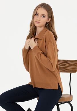 Kadın Camel Melanj V Yaka Kazak - 50253704003