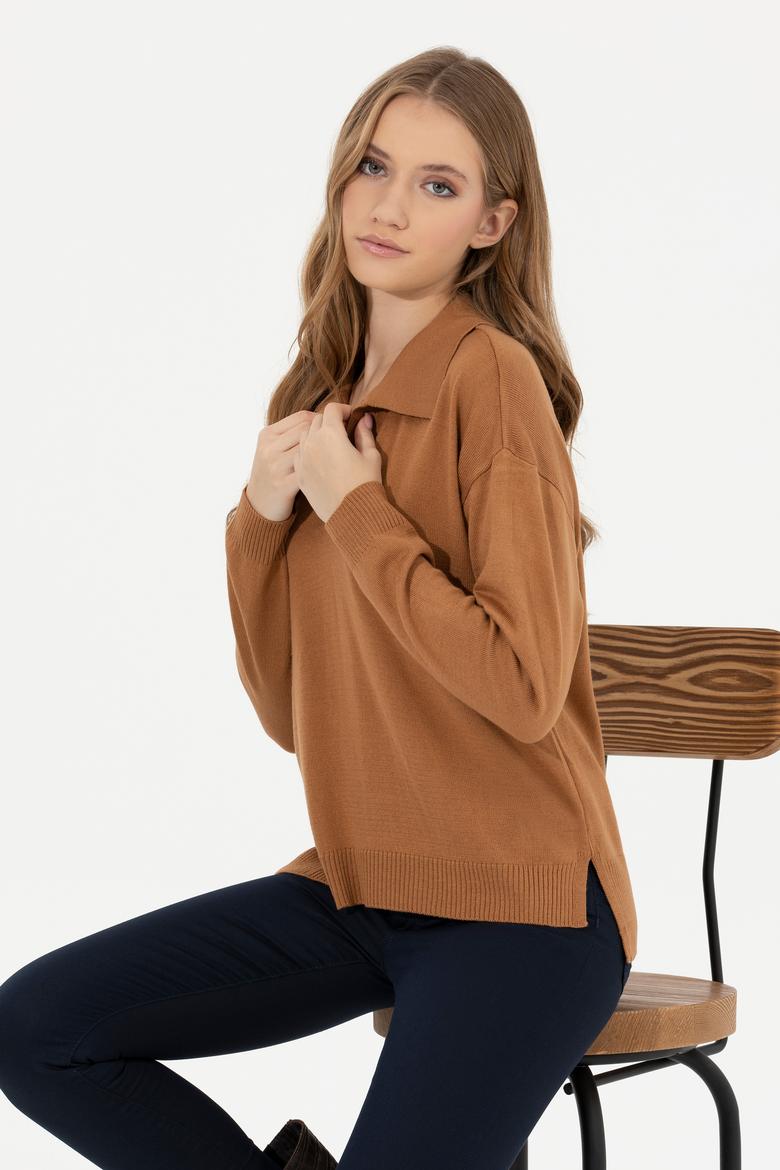 Kadın Camel Melanj V Yaka Kazak - 50253704003