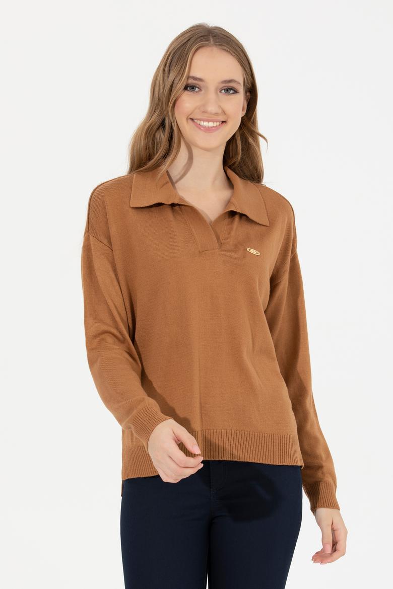 Kadın Camel Melanj V Yaka Kazak - 50253704003