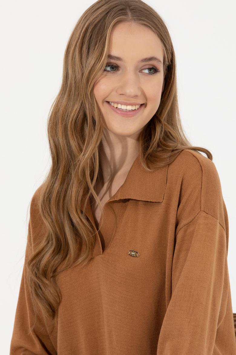 Kadın Camel Melanj V Yaka Kazak - 50253704003