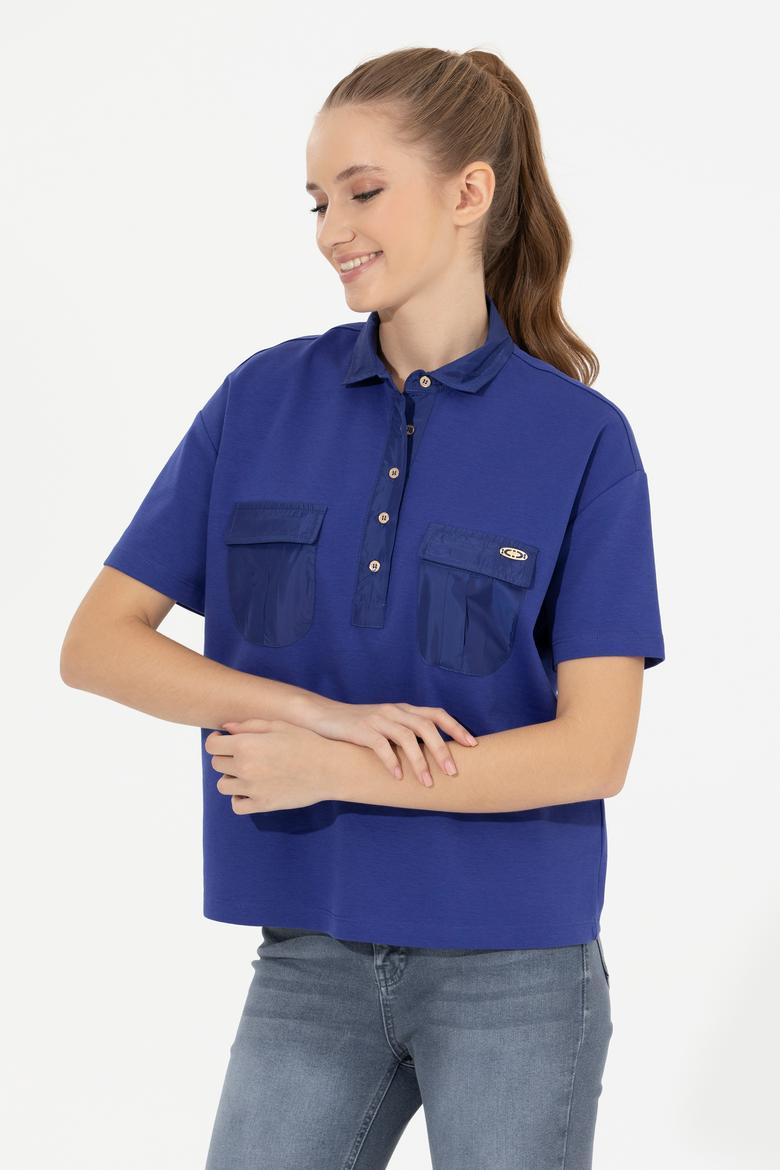 Kadın Mavi Polo Yaka Tişört - 50249038005