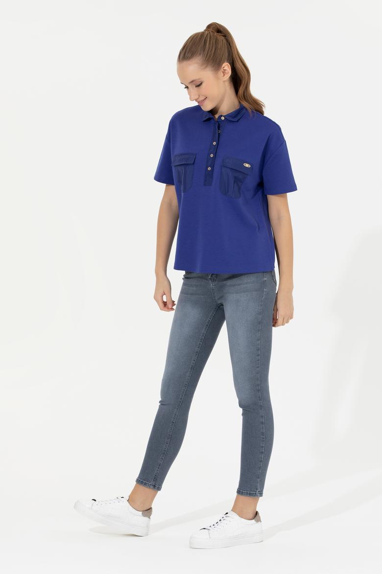 Kadın Mavi Polo Yaka Tişört - 50249038005