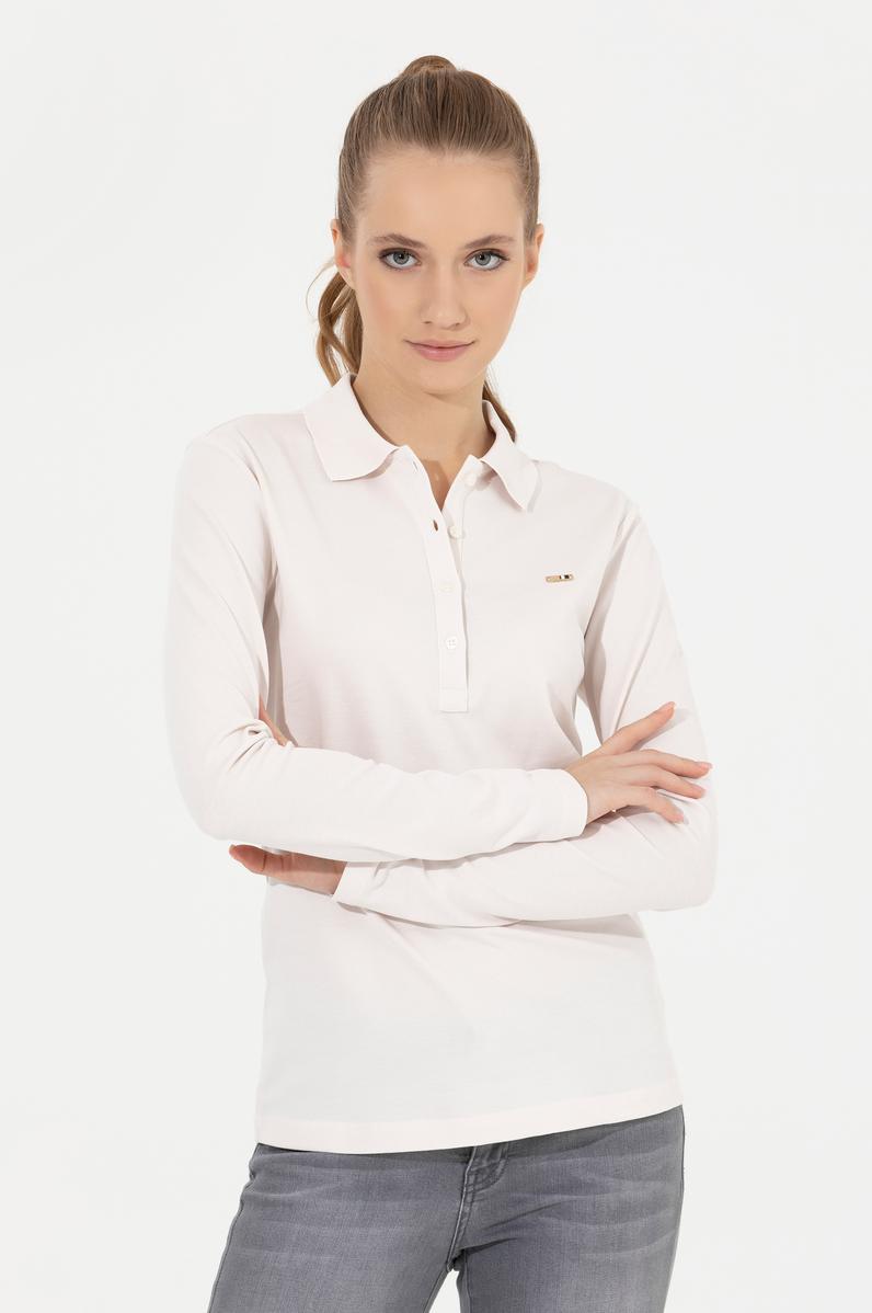 Kadın Ekru Basic Polo Yaka Sweatshirt