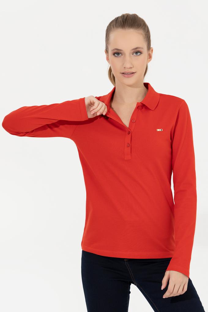 Kadın Kırmızı Basic Polo Yaka Sweatshirt