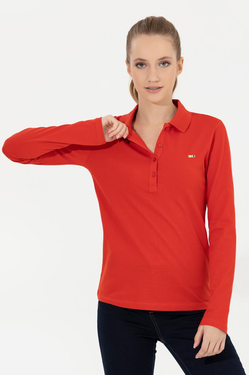 Kadın Kırmızı Basic Polo Yaka Sweatshirt
