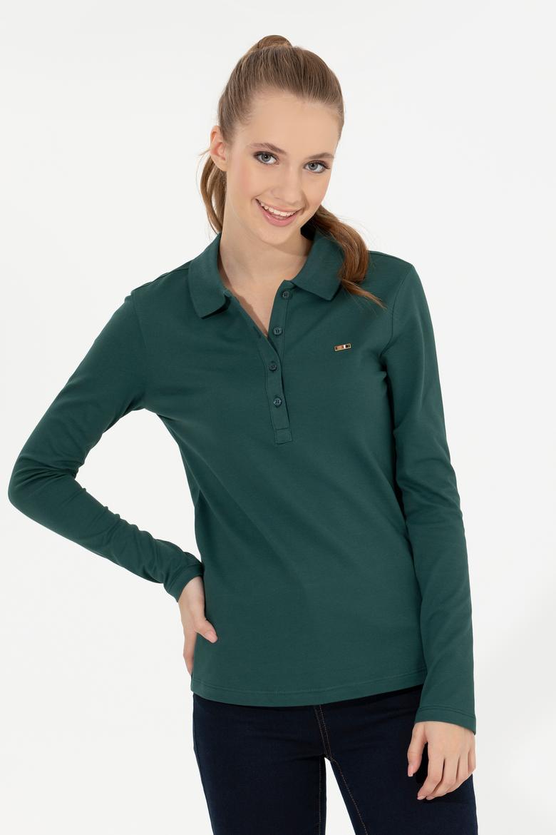 Kadın Yeşil Basic Polo Yaka Sweatshirt