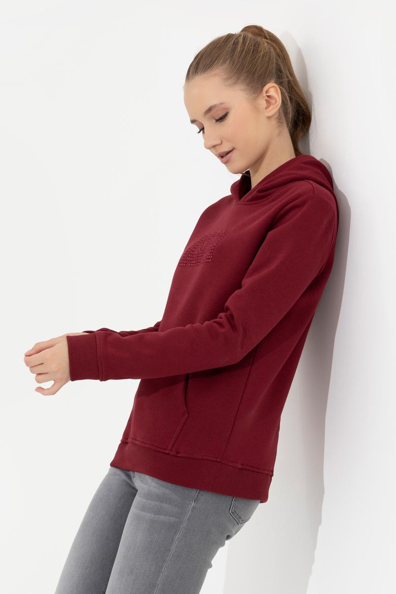 Kadın Vİşne Kapüşonlu Basic Sweatshirt - 50256249060