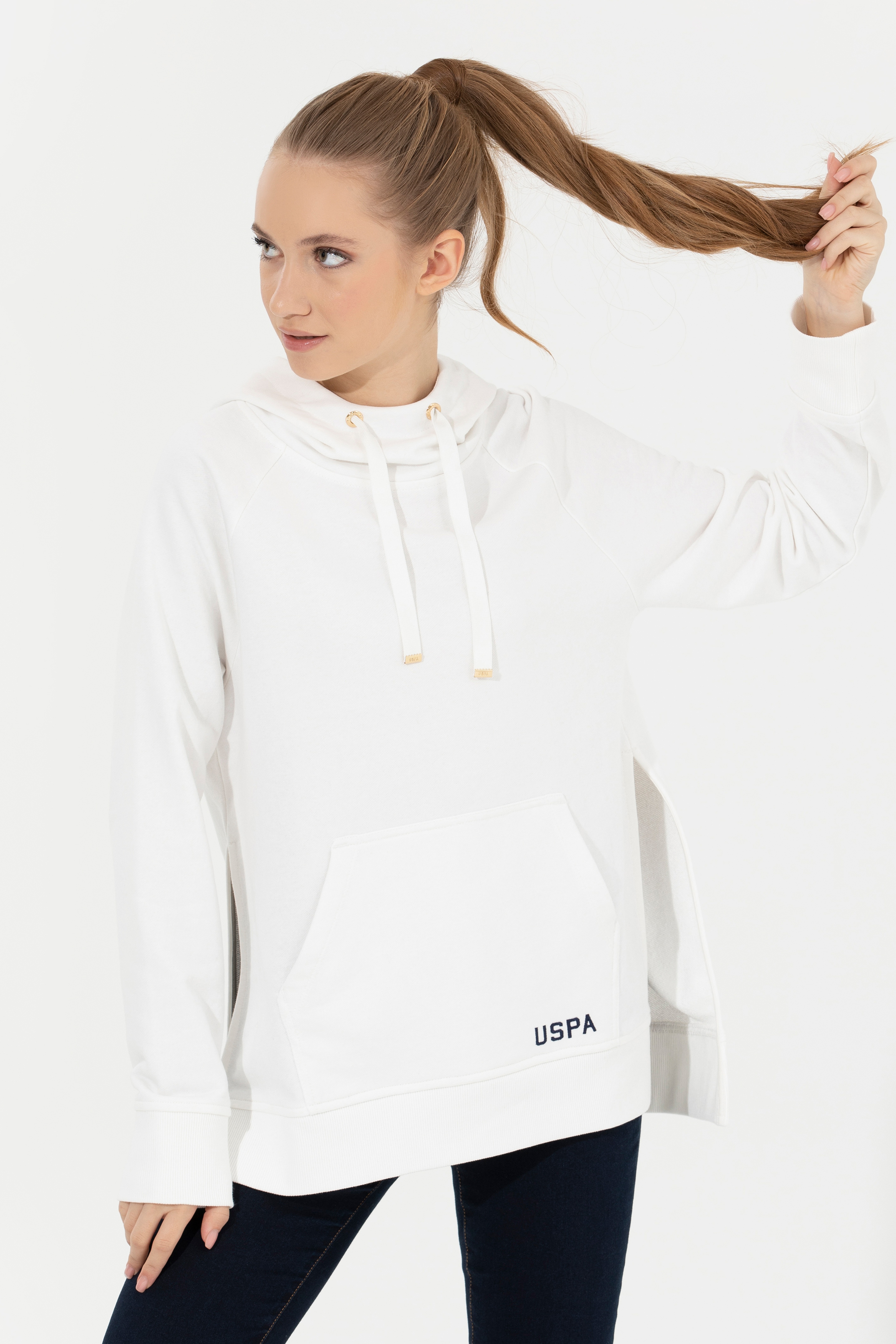Kadın Ekru Kapüşonlu Sweatshirt - Image 2