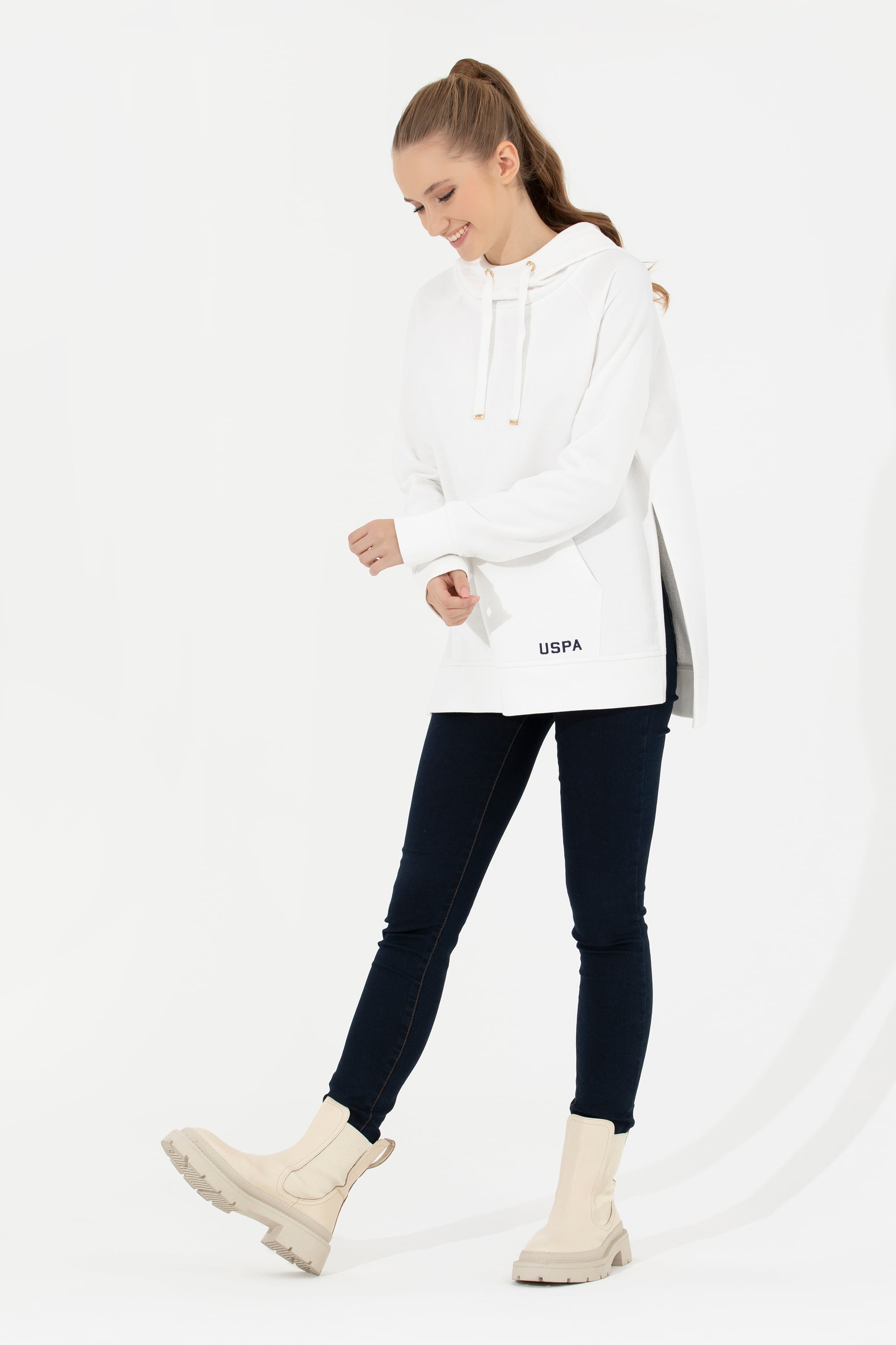 Kadın Ekru Kapüşonlu Sweatshirt - Image 3