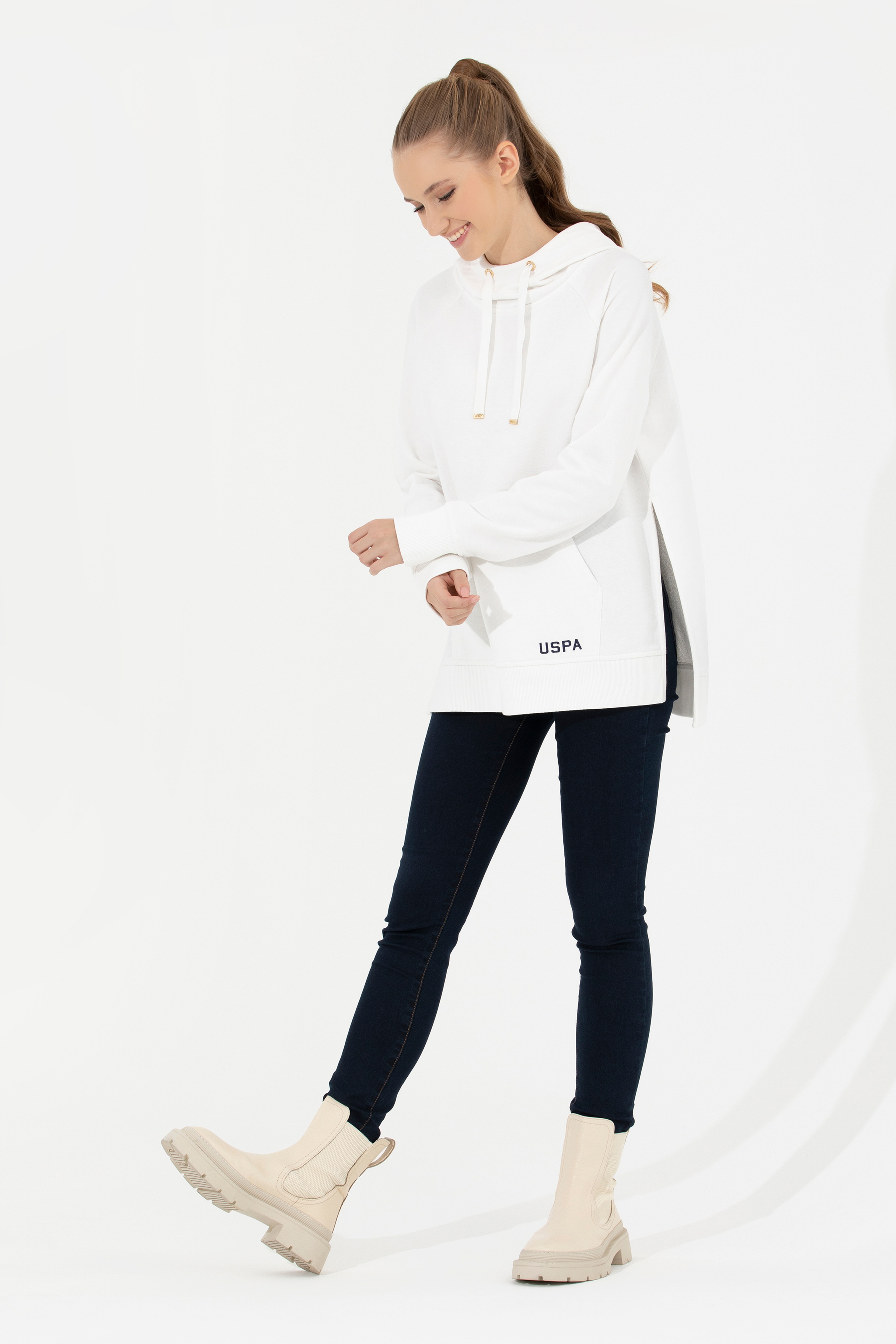 Kadın Ekru Kapüşonlu Sweatshirt