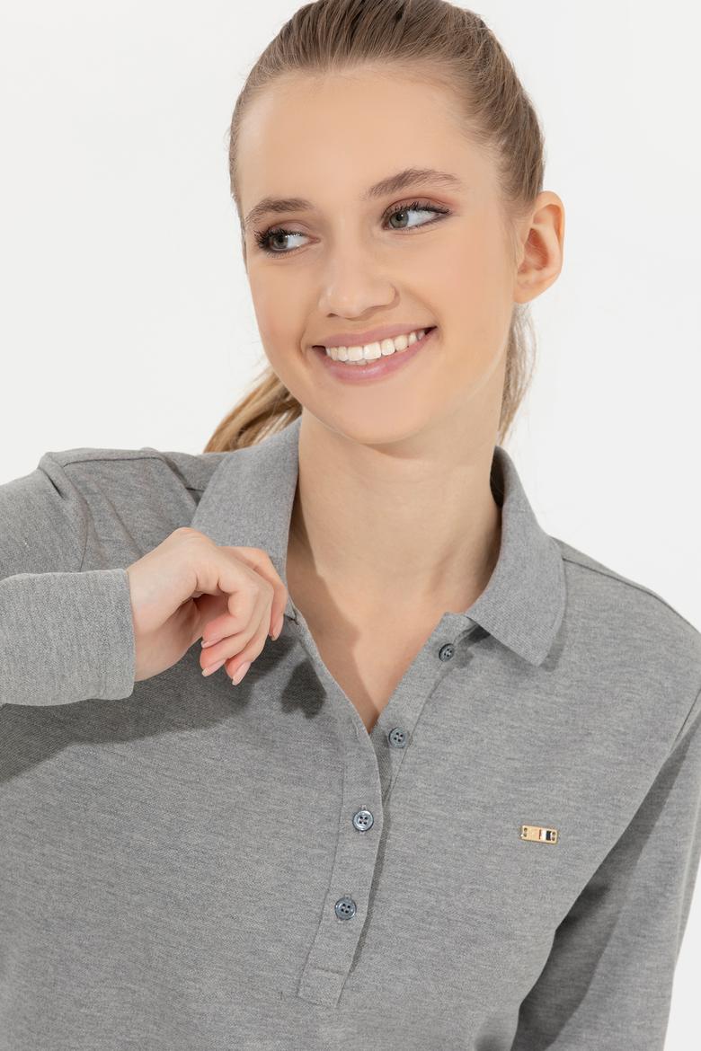 Kadın Gri Melanj Basic Polo Yaka Sweatshirt